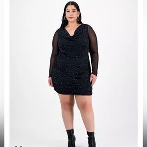 Bar III | Fitted Black Cowl-neck Rhinestone Dress with Subtle Silver Dots New 2X